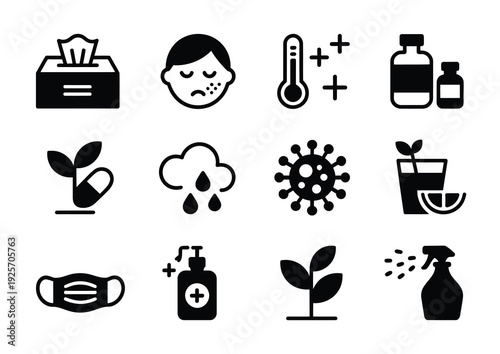 Vector of icons related to healthcare and wellness including a mask, sanitizer, and medicine.