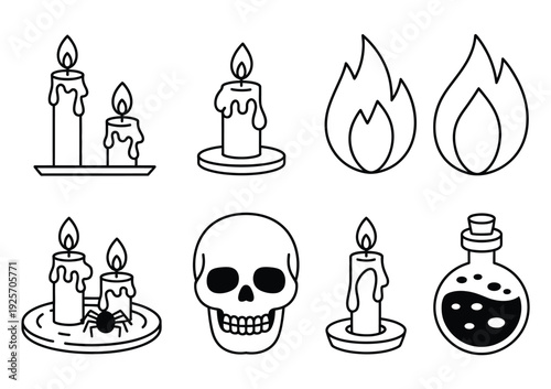 Set of spooky vector of candles, skulls, flames, and a potion bottle