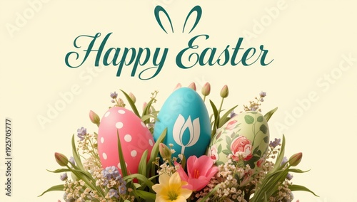 Easter eggs in floral arrangement with Happy Easter text flowers bunny ears pink egg