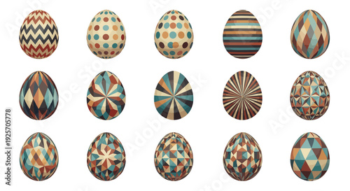 Fifteen decorative Easter eggs with intricate retro geometric patterns like chevrons, polka dots, and stripes in a muted vintage color palette.