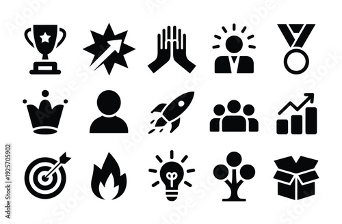 Various vector icons symbolizing success, achievements, and teamwork such as trophies, rockets, and growth charts.