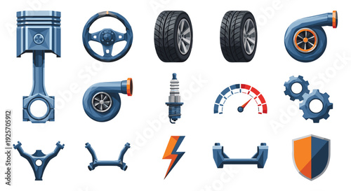 Detailed collection of automotive parts and car service icons, featuring a piston, steering wheel, tire, turbocharger, spark plug, speedometer, gears, and suspension elements.