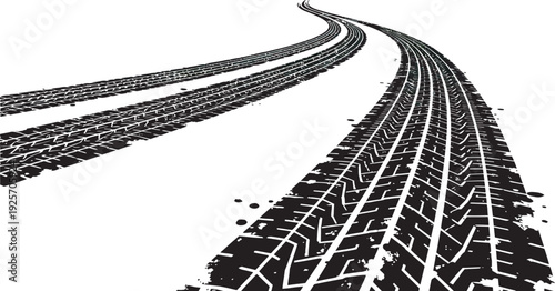 Tire tracks vector art 3, Dynamic perspective of vehicle tire tracks on a pristine white background, illustrating a journey's path and the imprint of motion