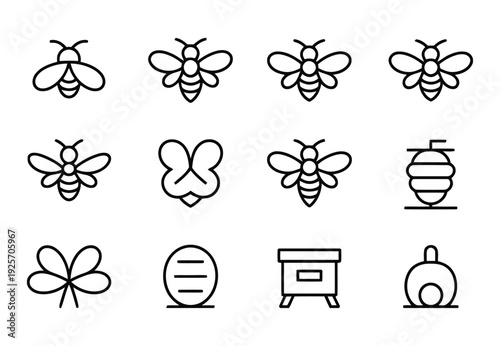 Set of vector icons depicting bees, honeycombs, and beehives in a clean, minimalist style
