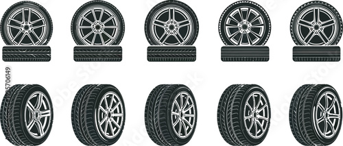 Car Wheels tire vector art set,  Collection of different types of car wheels and tires displayed in a grid