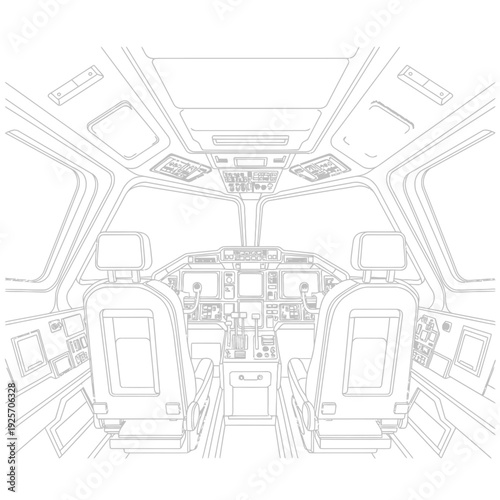 Futuristic spaceship cockpit schematic wireframe blueprint digital drawing with controls