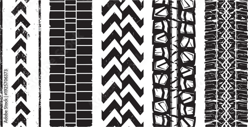 Tire tread strips pattern prints icon set , Collection of diverse tire track patterns in monochrome, ideal for grunge backgrounds and industrial design projects