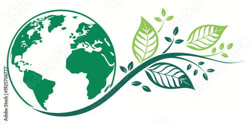 A green graphic element features the planet Earth adjacent to stylized flowing leaves and vines symbolizing environmental growth and sustainability initiatives.
