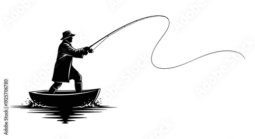 A silhouetted fisherman in a small boat casting a line into the water