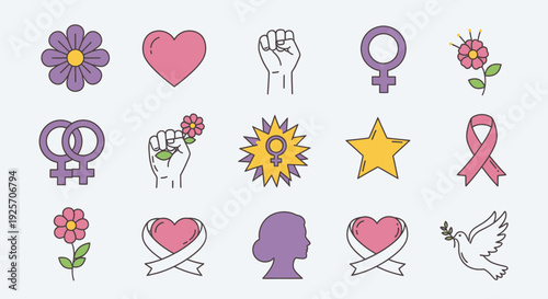 International Women's Day Icon Set with Feminist Symbols, Flowers, and Hearts in Bright Studio