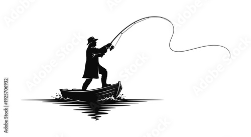 Silhouette of a fisherman in a boat actively reeling in a fish