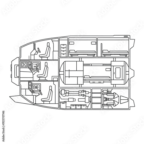 Spaceship interior blueprint, living quarters, control panel, technology