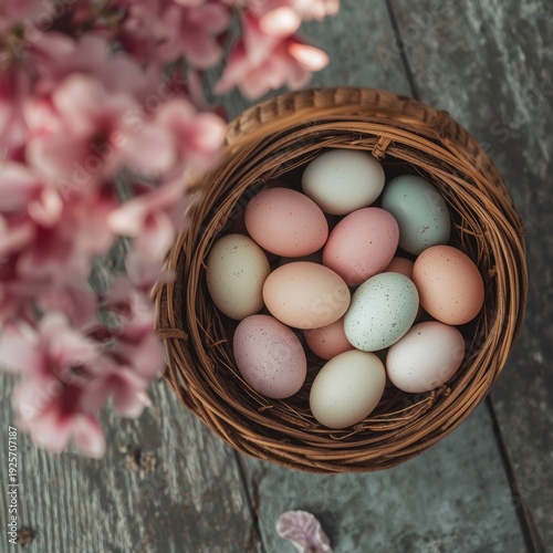 Pastel colored eggs in a wicker basket on a wooden table with pink flowers