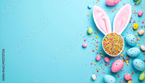 Bunny cookie with sprinkles and pastel eggs