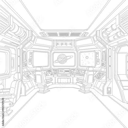 Control panel in futuristic spacecraft cockpit with digital screens and buttons