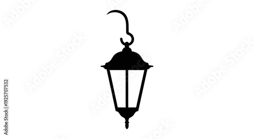 A black silhouette of a vintage hanging lantern with a curved hook