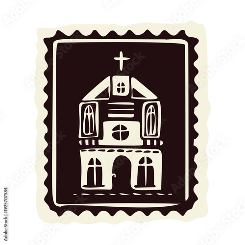 Cathedral church on pilgrims path vector image. Stylised simple hand drawn black and white monastery sanctuary open door Christian faith sanctuary retreat. Isolated on white for religious motif.