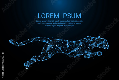 Dynamic low-poly vector illustration of a glowing polygonal cheetah in mid-leap, created with interconnected dots, lines, and a wireframe mesh. This artwork symbolizes speed,
