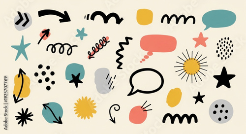 Collection of abstract hand drawn graphic elements and symbols.