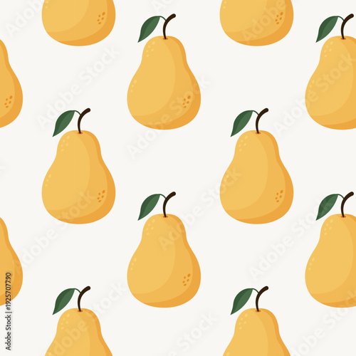 Pear pattern. Seamless print of fruit, cartoon botanical yellow pears with leaves