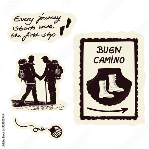 Every journey starts with the first step hand written friend encouragment sign. Black and white isolated vector banner illustration for mentor, self help, wellness , pilgrimage footprint symbol set