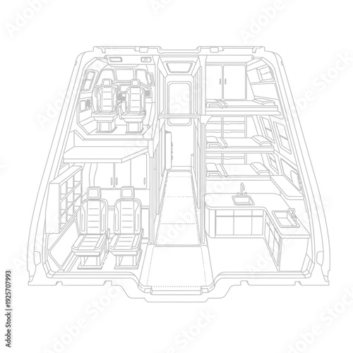 Futuristic bus interior cross section with sleeping bunks and driver cabin detailed blueprint