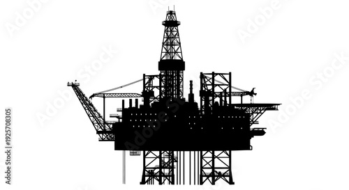Black silhouette of an offshore oil rig structure against a white background