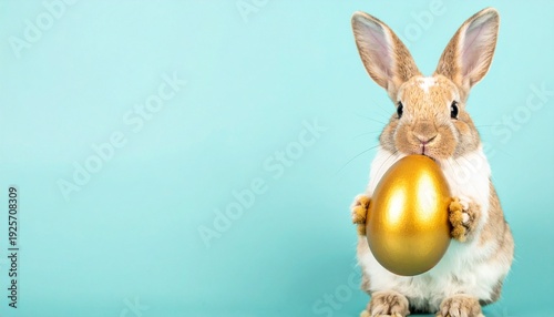 Light brown rabbit holding golden egg on blue background