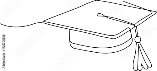one line art graduation cap sketch, graduation cap one line illustration, hand drawn continuous sketch of student hat on white background 