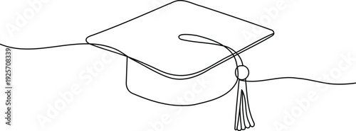 one line art graduation cap sketch, graduation cap one line illustration, hand drawn continuous sketch of student hat on white background 