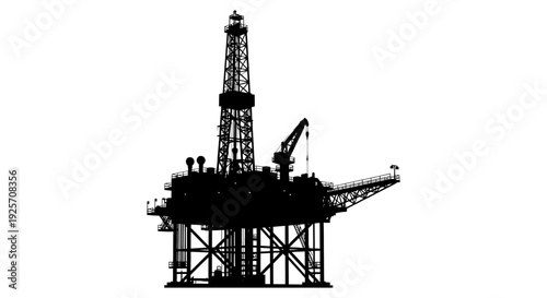 Silhouette of an offshore oil rig against a plain white background