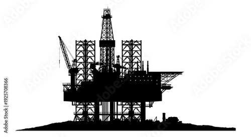 Offshore oil rig silhouette against a bright white background showcasing complex infrastructure