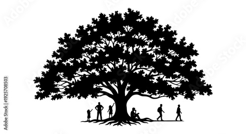 A large silhouetted tree with small figures gathered beneath its branches