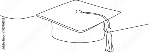 one line art graduation cap sketch, graduation cap one line illustration, hand drawn continuous sketch of student hat on white background 