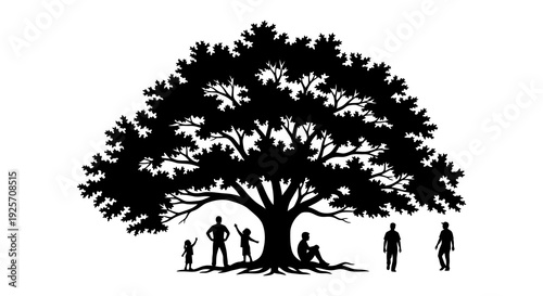 Silhouetted tree with people gathered beneath its branches in a park setting
