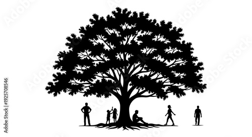 A silhouetted tree with figures gathered beneath its branches on a white background