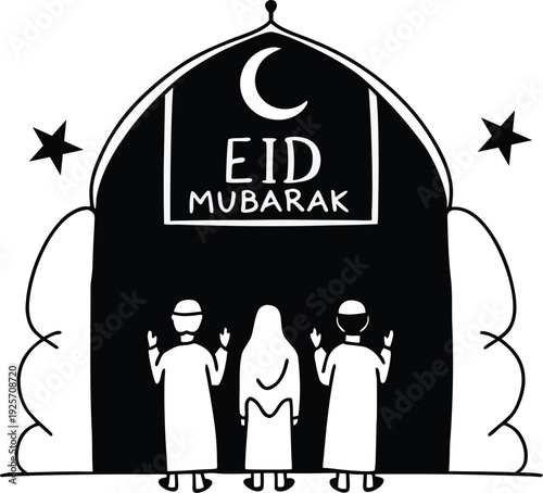 Hand-drawn Eid Mubarak illustration with people praying in front of a mosque, minimalist black and white Islamic greeting concept.