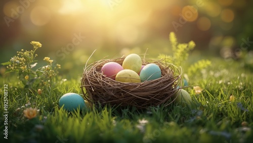 Easter eggs in a nest on green grass with flowers and sunlight