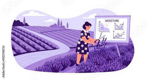 Woman monitoring plant moisture in a field.