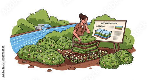 Woman planting green sod in a garden with an informational sign.