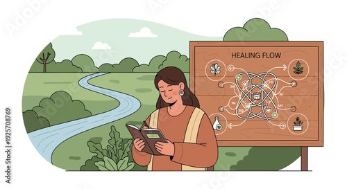 Woman reading book near park map in nature.