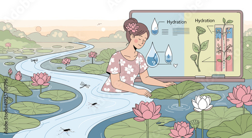 Woman studying aquatic plants and water flow in a serene environment.
