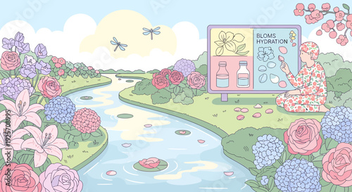 A serene illustration of a woman meditating by a river surrounded by lush flowers and dragonflies with a diagram of the Stages of Creation floating nearby.