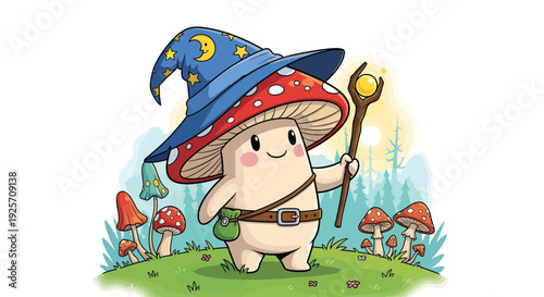 Charming Mushroom Wizard with Magical Staff and Pointed Hat.