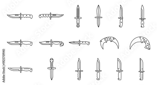 Collection of various knife and blade weapon illustrations in black and white