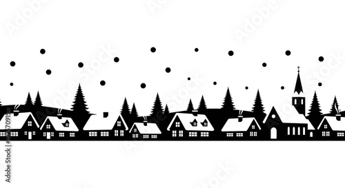 Black and white silhouette of a winter village scene with falling snow