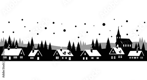 Black and white winter cityscape featuring silhouetted buildings and falling snow