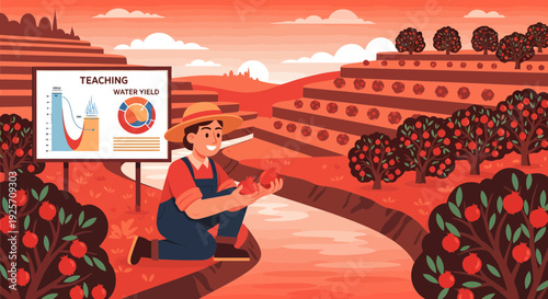 Farmer analyzing crop yield data on a digital display.