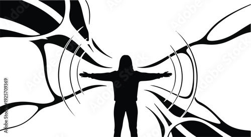 Silhouette of person with arms outstretched surrounded by abstract black lines
