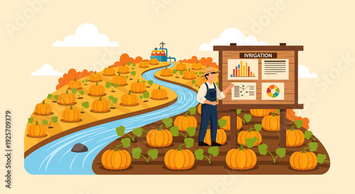 Farmer analyzing pumpkin harvest data on a large display board.